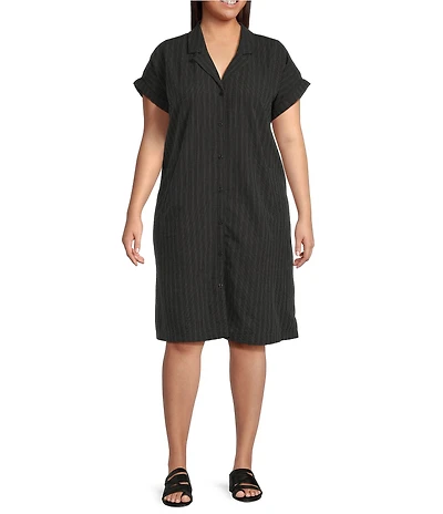 Eileen Fisher Plus Pinstripe Notch Collar Cap Sleeve Button Front Shirt Dress