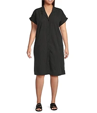 Eileen Fisher Plus Pinstripe Notch Collar Cap Sleeve Button Front Shirt Dress