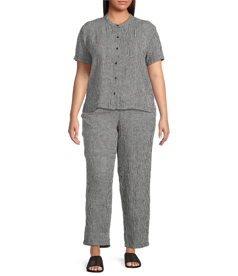 Eileen Fisher Plus Puckered Organic Linen Gingham Mandarin Collar Short Sleeve Coordinating Top