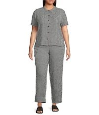 Eileen Fisher Plus Puckered Organic Linen Gingham Mandarin Collar Short Sleeve Coordinating Top