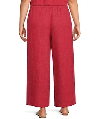 Eileen Fisher Plus Size Puckered Organic Linen Grid Elastic Waist Wide Ankle Pants