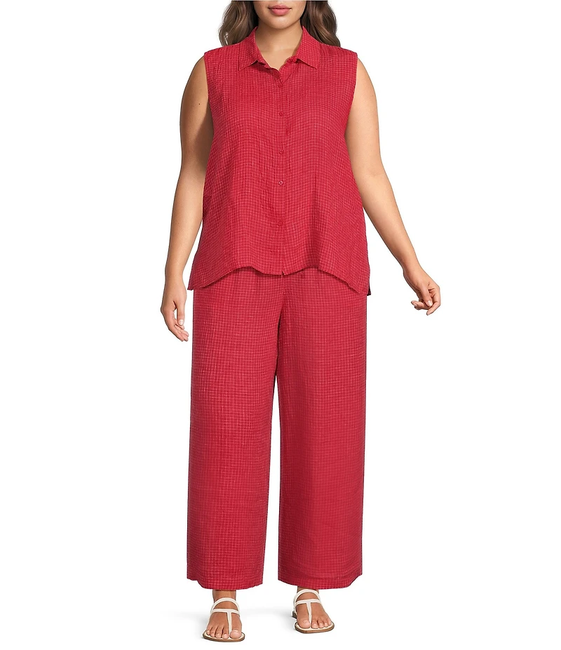 Eileen Fisher Plus Size Puckered Organic Linen Grid Elastic Waist Wide Ankle Pants