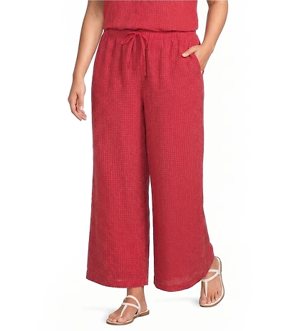 Eileen Fisher Plus Puckered Organic Linen Grid Elastic Waist Wide Ankle Pants