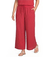 Eileen Fisher Plus Size Puckered Organic Linen Grid Elastic Waist Wide Ankle Pants