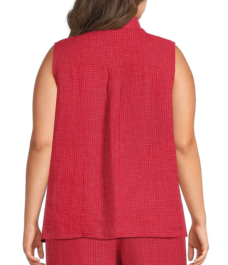 Eileen Fisher Plus Size Puckered Organic Linen Grid Point Collar Sleeveless Button Front Shirt