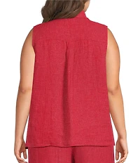 Eileen Fisher Plus Size Puckered Organic Linen Grid Point Collar Sleeveless Button Front Shirt