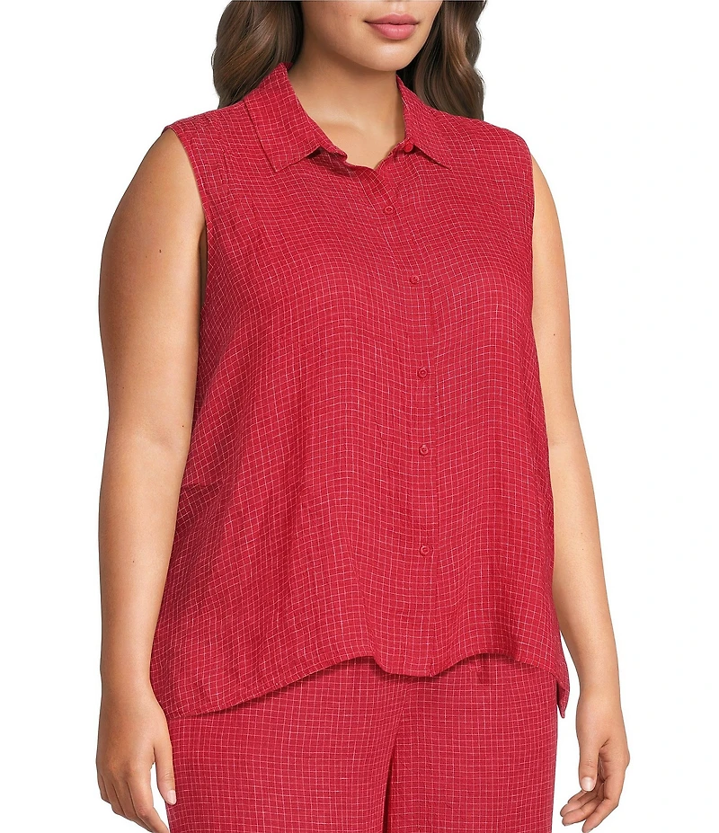 Eileen Fisher Plus Size Puckered Organic Linen Grid Point Collar Sleeveless Button Front Shirt