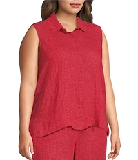 Eileen Fisher Plus Size Puckered Organic Linen Grid Point Collar Sleeveless Button Front Shirt
