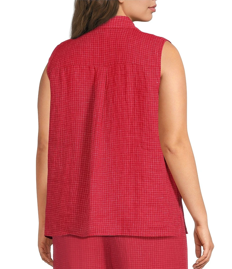 Eileen Fisher Plus Size Puckered Organic Linen Grid Point Collar Sleeveless Button Front Shirt