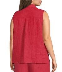 Eileen Fisher Plus Size Puckered Organic Linen Grid Point Collar Sleeveless Button Front Shirt