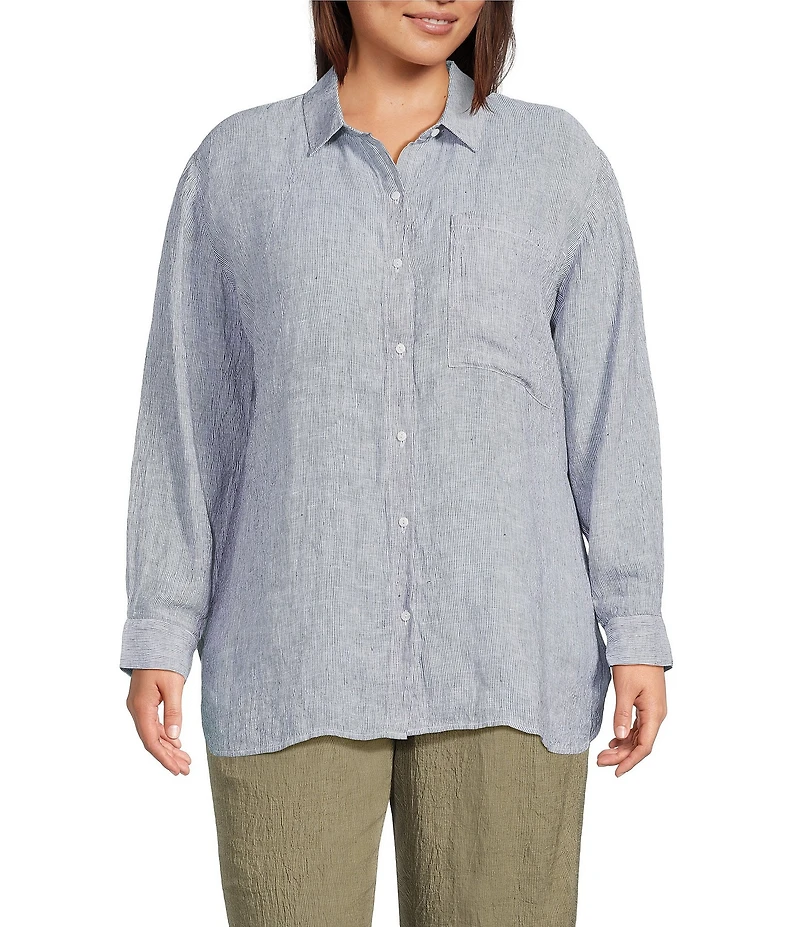 Eileen Fisher Plus Puckered Organic Linen Point Collar Long Sleeve Shirt