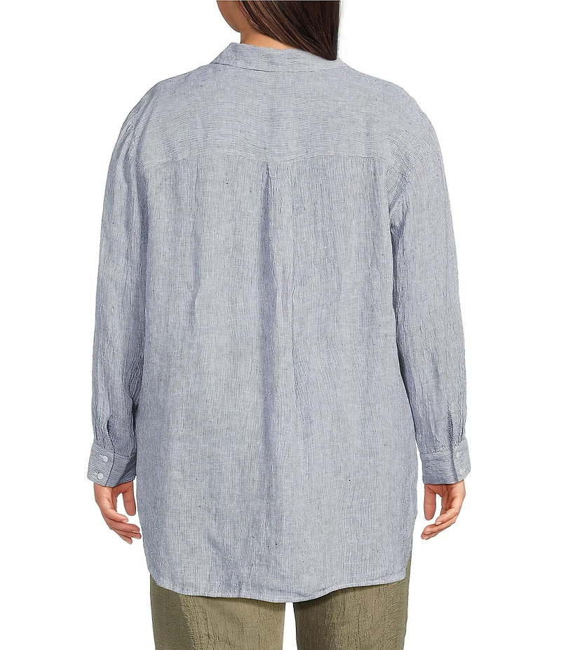 Eileen Fisher Plus Puckered Organic Linen Point Collar Long Sleeve Shirt