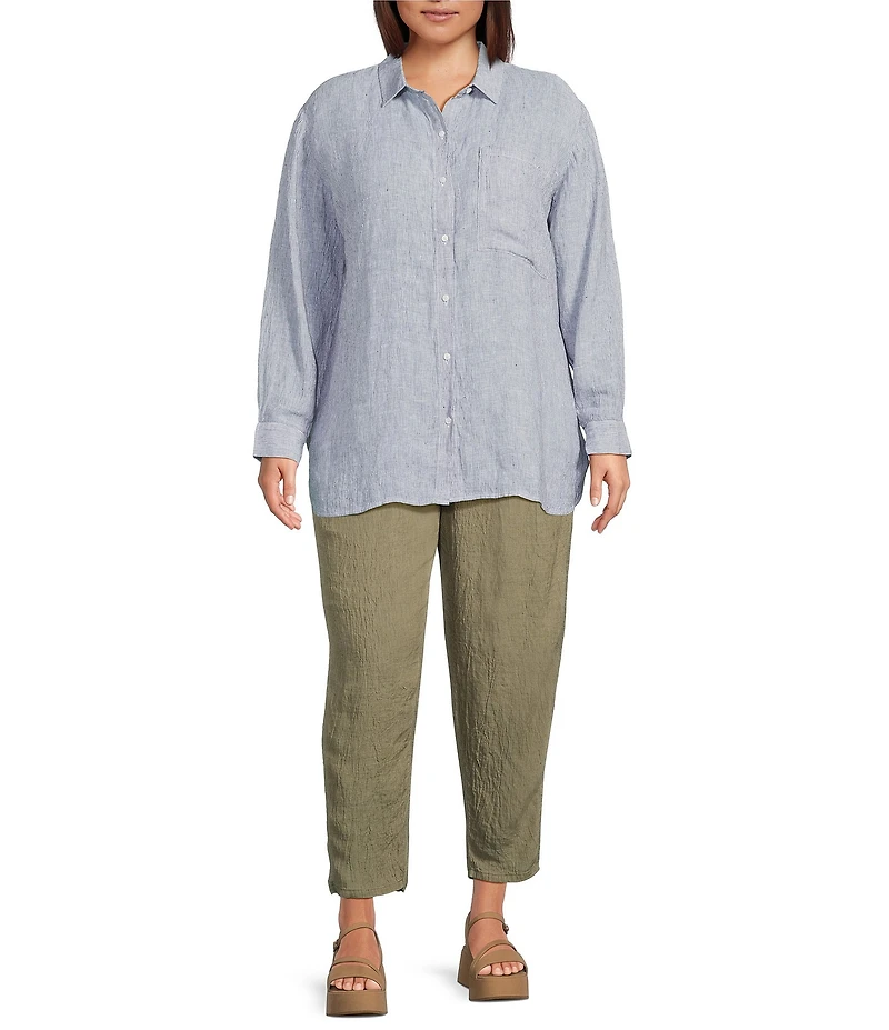 Eileen Fisher Plus Puckered Organic Linen Point Collar Long Sleeve Shirt