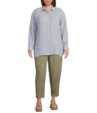Eileen Fisher Plus Puckered Organic Linen Point Collar Long Sleeve Shirt