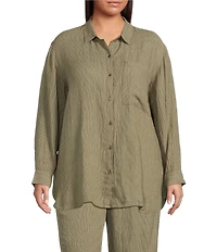 Eileen Fisher Plus Puckered Organic Linen Point Collar Long Sleeve Shirt