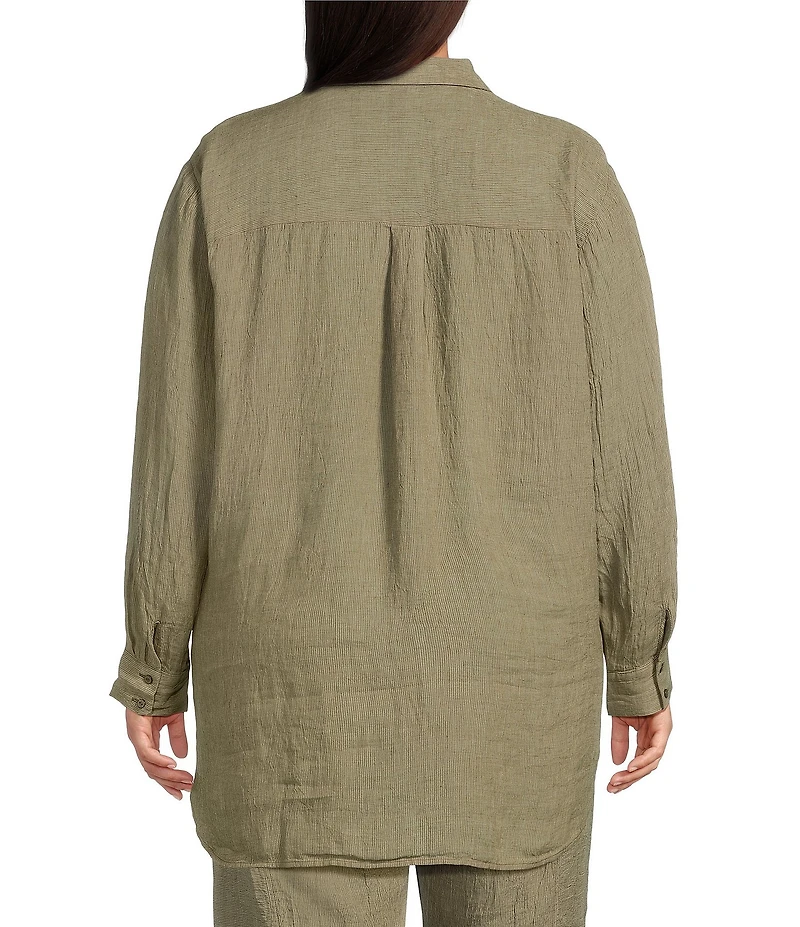 Eileen Fisher Plus Puckered Organic Linen Point Collar Long Sleeve Shirt