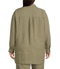 Eileen Fisher Plus Puckered Organic Linen Point Collar Long Sleeve Shirt