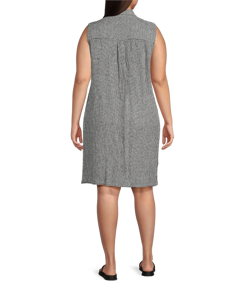 Eileen Fisher Plus Puckered Organic Linen Point Collar Sleeveless Shirtdress