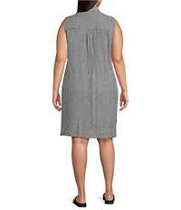 Eileen Fisher Plus Puckered Organic Linen Point Collar Sleeveless Shirtdress
