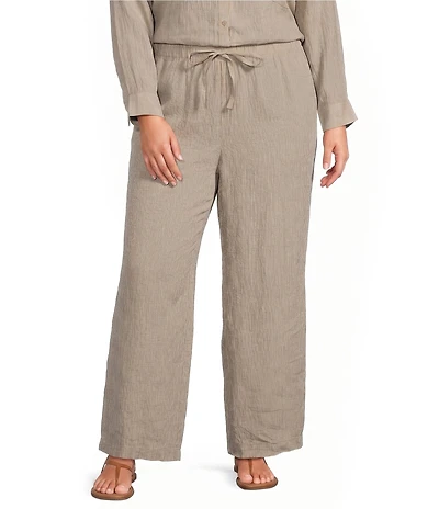 Eileen Fisher Plus Puckered Organic Linen Stripe Drawstring Wide Ankle Pants