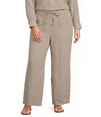 Eileen Fisher Plus Puckered Organic Linen Stripe Drawstring Wide Ankle Pants
