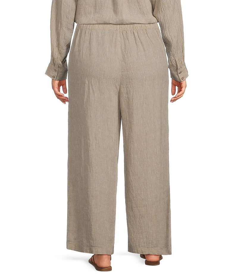 Eileen Fisher Plus Puckered Organic Linen Stripe Drawstring Wide Ankle Pants