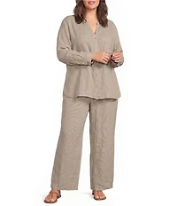 Eileen Fisher Plus Puckered Organic Linen Stripe Drawstring Wide Ankle Pants
