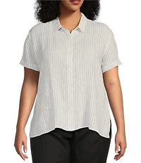 Eileen Fisher Plus Puckered Organic Linen Stripe Point Collar Short Sleeve Shirt