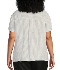 Eileen Fisher Plus Puckered Organic Linen Stripe Point Collar Short Sleeve Shirt