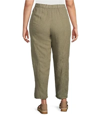Eileen Fisher Plus Puckered Organic Linen Yarn-Dyed Stripe Elastic Waist Pull-On Pants