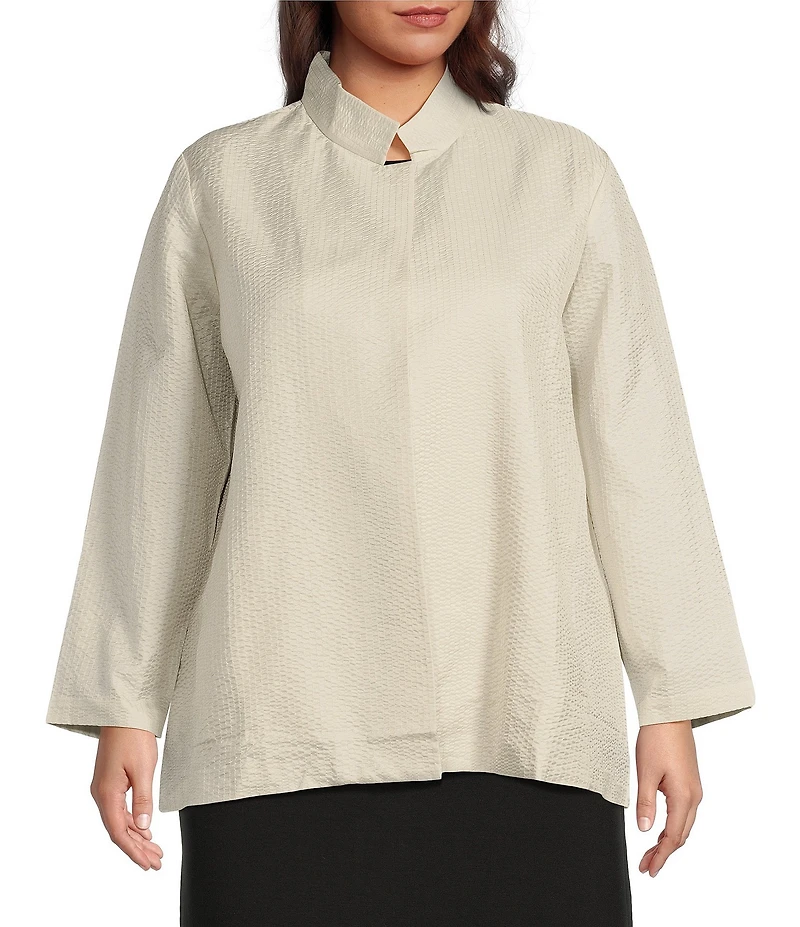 Eileen Fisher Plus Quilted Silk Stand Collar Long Sleeve Open Front Jacket