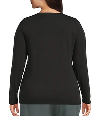 Eileen Fisher Plus Sheer Cotton Blend Knit Round Neck Long Sleeve Tee