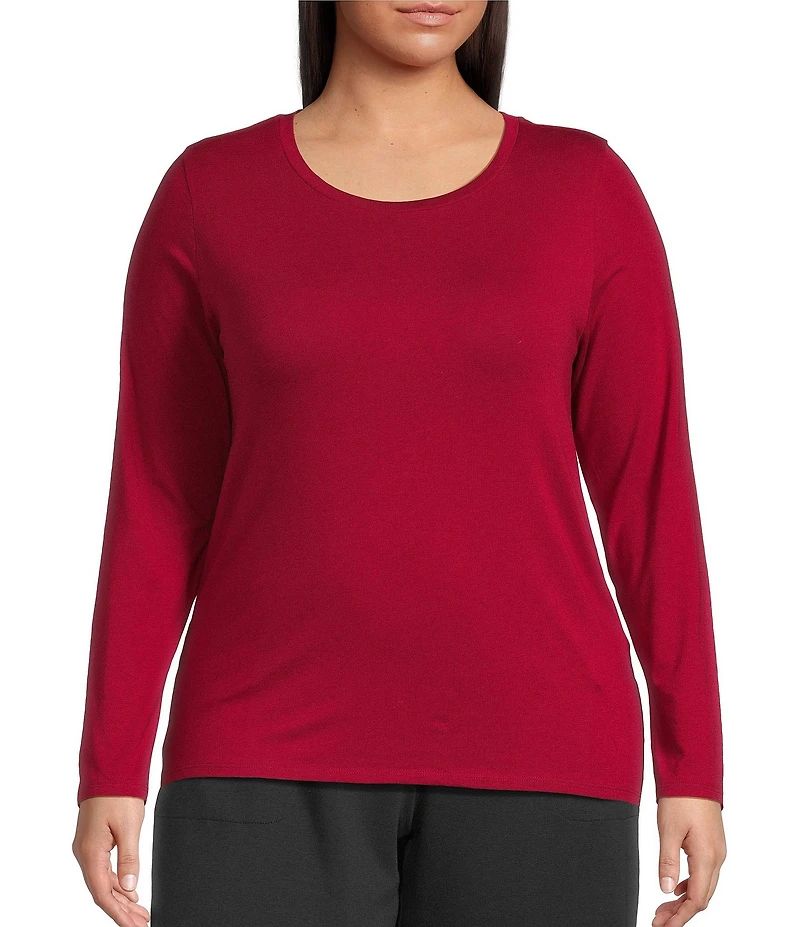 Eileen Fisher Plus Sheer Cotton Blend Knit Round Neck Long Sleeve Tee