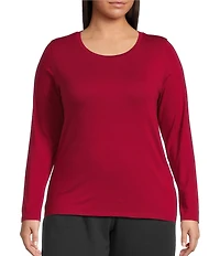 Eileen Fisher Plus Sheer Cotton Blend Knit Round Neck Long Sleeve Tee