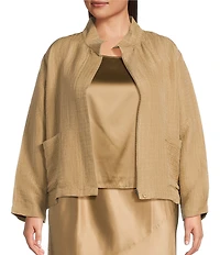 Eileen Fisher Plus Silk Linen Stand Collar Long Sleeve Box Jacket