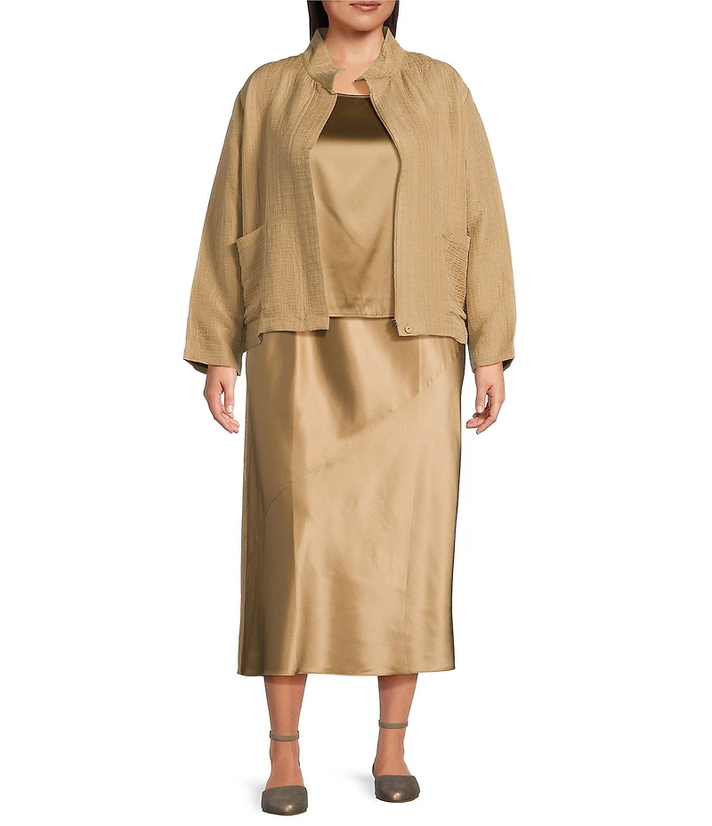 Eileen Fisher Plus Silk Linen Stand Collar Long Sleeve Box Jacket