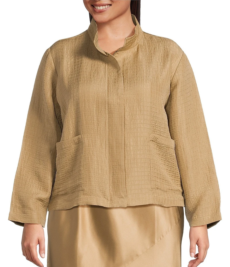 Eileen Fisher Plus Silk Linen Stand Collar Long Sleeve Box Jacket