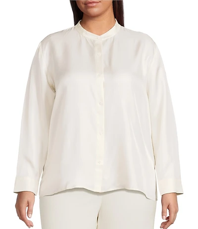 Eileen Fisher Plus Silk Twill Mandarin Collar Long Sleeve Button Front Top