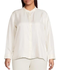 Eileen Fisher Plus Silk Twill Mandarin Collar Long Sleeve Button Front Top