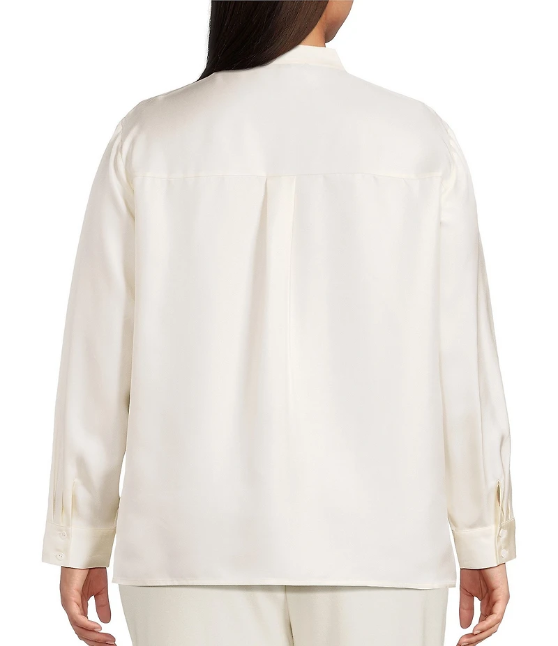 Eileen Fisher Plus Silk Twill Mandarin Collar Long Sleeve Button Front Top