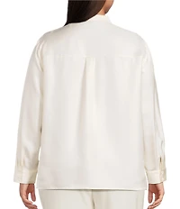 Eileen Fisher Plus Silk Twill Mandarin Collar Long Sleeve Button Front Top