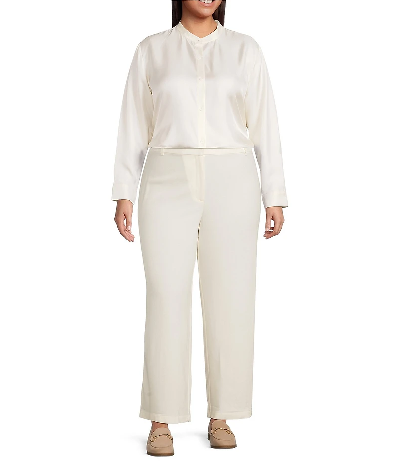 Eileen Fisher Plus Silk Twill Mandarin Collar Long Sleeve Button Front Top