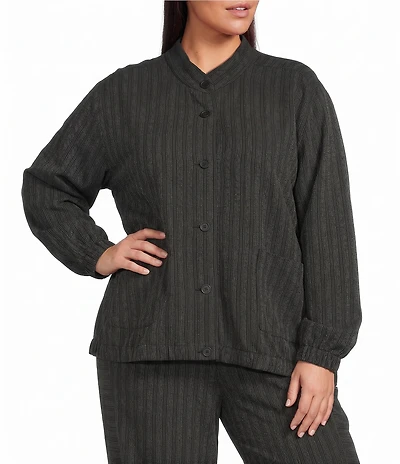 Eileen Fisher Plus Size Cotton-Blend Stripe Stitch Stand Collar Long Sleeve Elastic Hem Button-Front Jacket