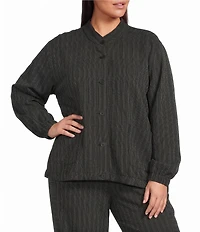 Eileen Fisher Plus Size Cotton-Blend Stripe Stitch Stand Collar Long Sleeve Elastic Hem Button-Front Jacket