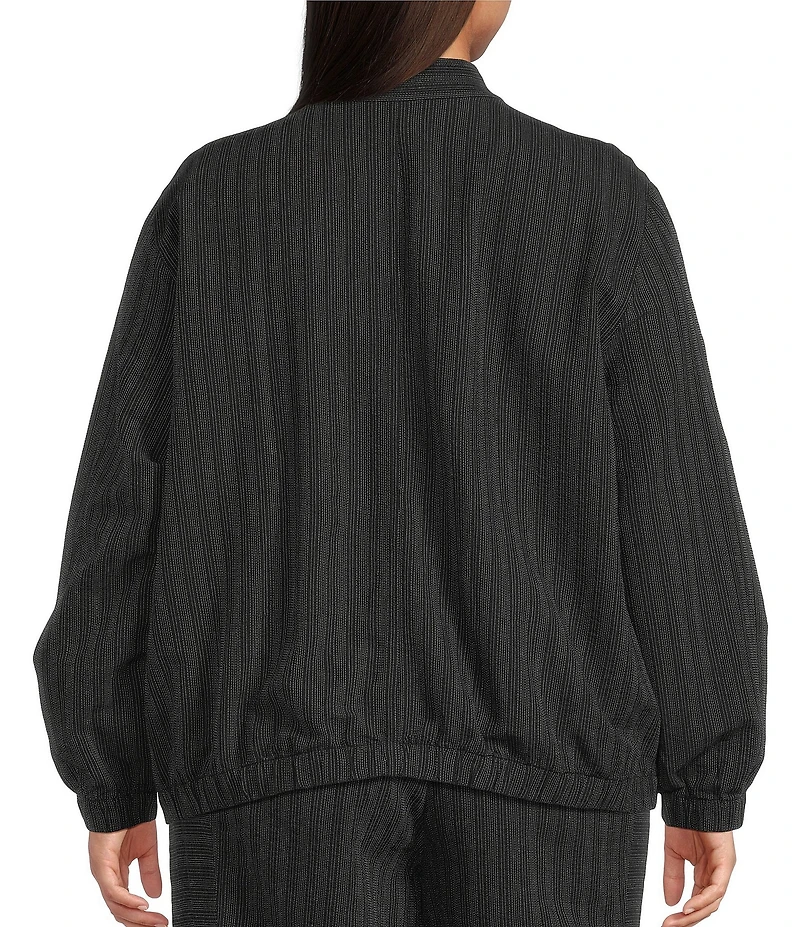 Eileen Fisher Plus Size Cotton-Blend Stripe Stitch Stand Collar Long Sleeve Elastic Hem Button-Front Jacket