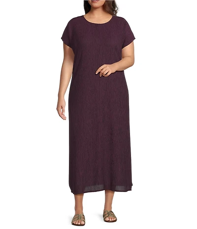 Eileen Fisher Plus Size Crinkle Plisse Round Neck Cap Sleeve Midi Dress