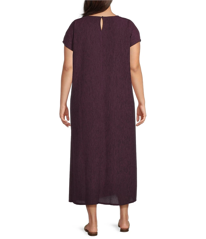 Eileen Fisher Plus Size Crinkle Plisse Round Neck Cap Sleeve Midi Dress
