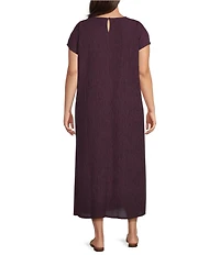 Eileen Fisher Plus Size Crinkle Plisse Round Neck Cap Sleeve Midi Dress