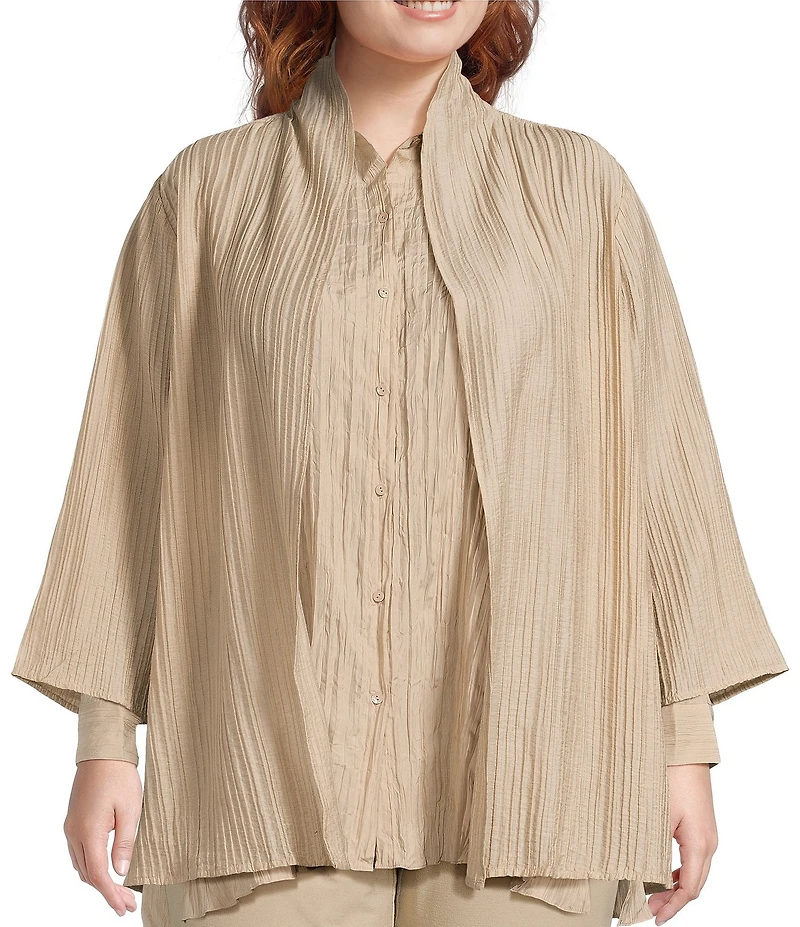 Eileen Fisher Plus Size Crinkle Shimmer High Collar Bracelet Sleeve Open Front Jacket