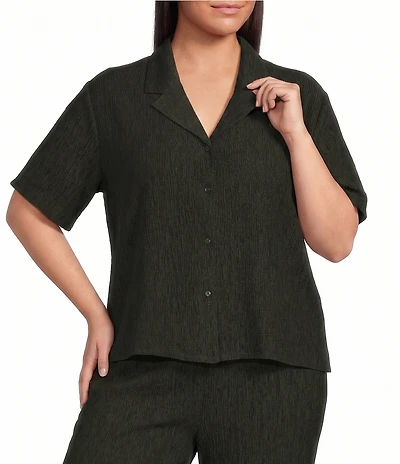 Eileen Fisher Plus Size Crinkle Woven Plisse Notch Collar Elbow Sleeve Button-Front Shirt